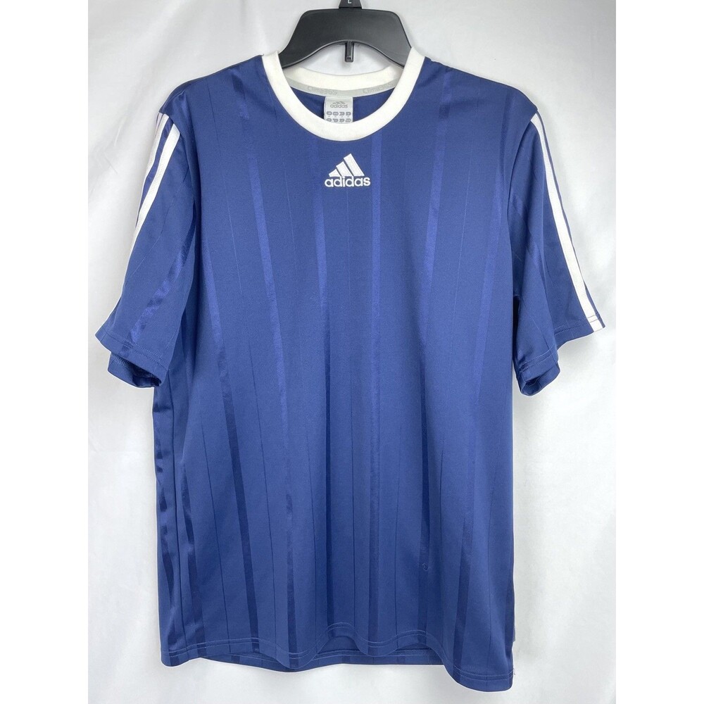 Adidas Shirt Men MEDIUM Blue White Soccer Short Sleeve Jersey ClimaLite 3 Stripe